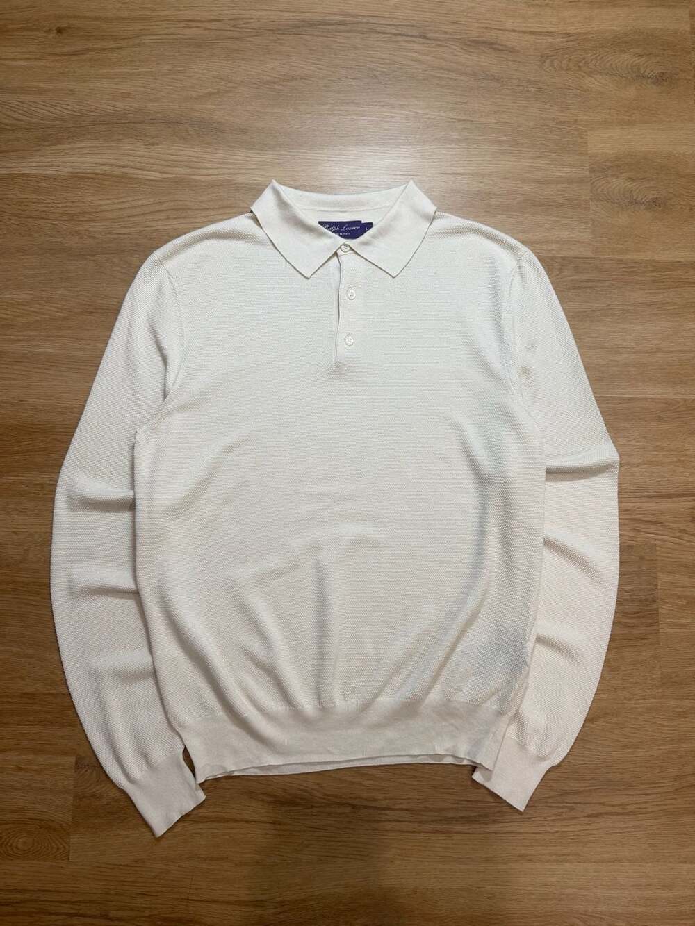Silk-Cotton Ralph Lauren Purple Label Cream Piqué Polo Shirt Longsleeve